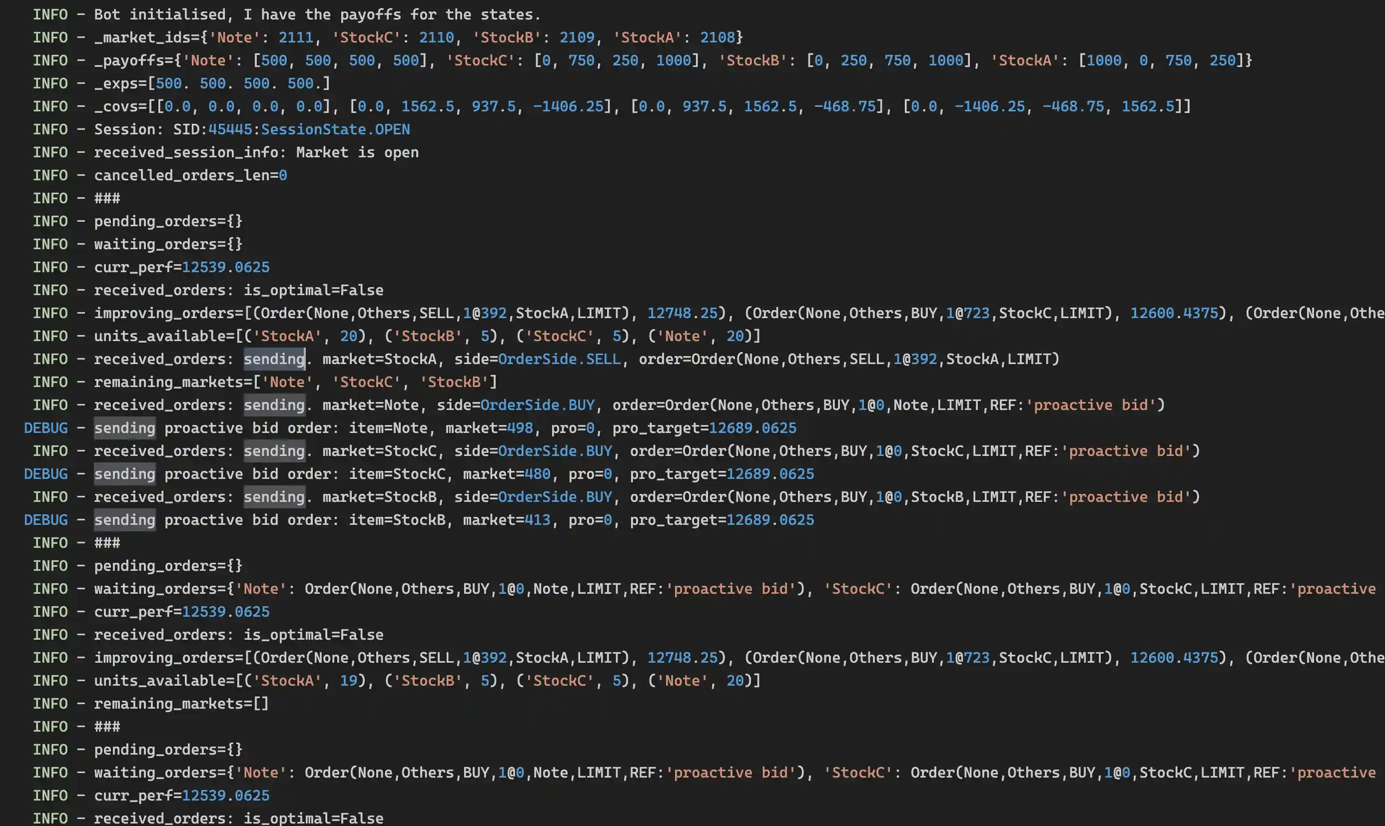 Screenshot of logs showing successful trades being submitted and executed in a market